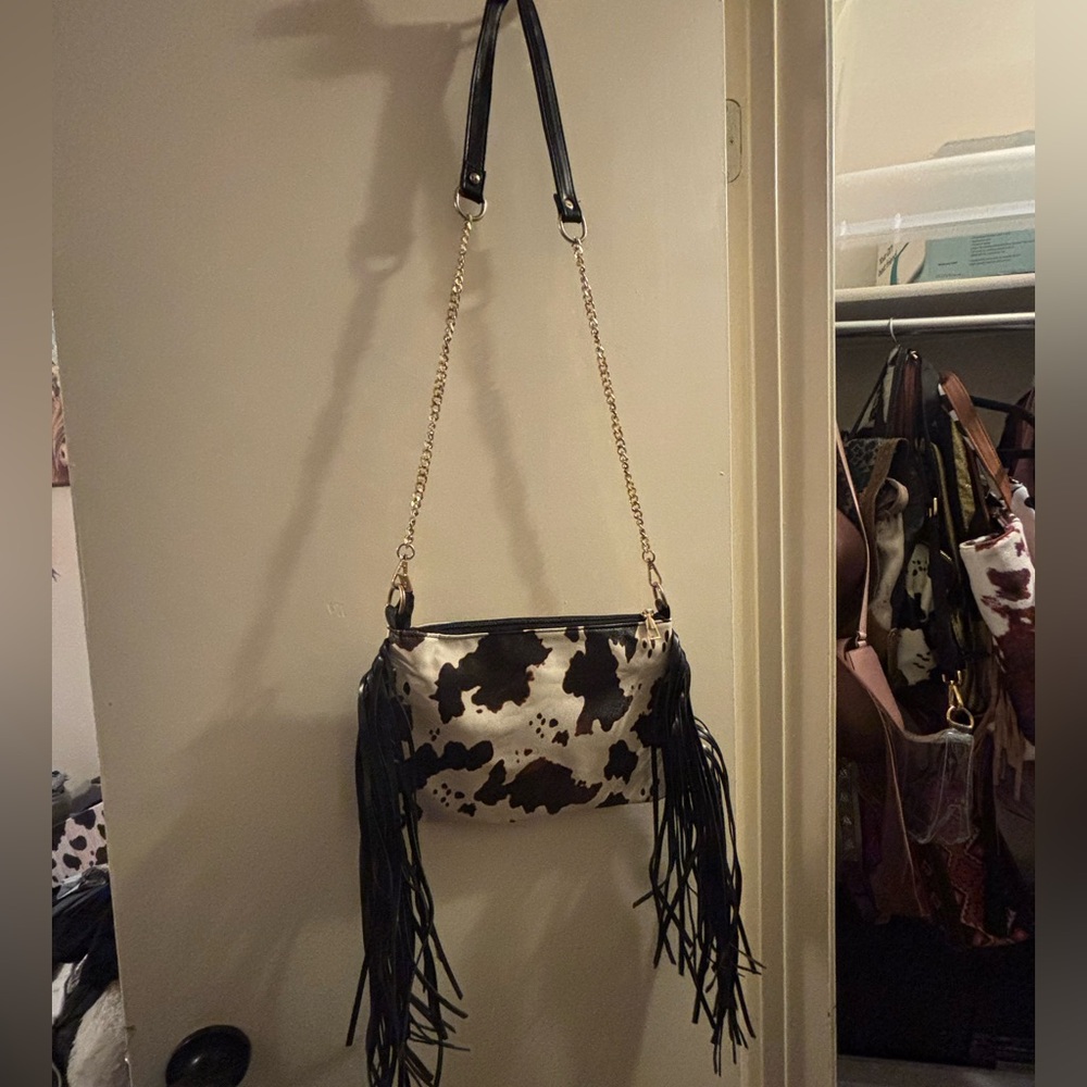 Cowprint Black Leather Strap with Gold Clasp